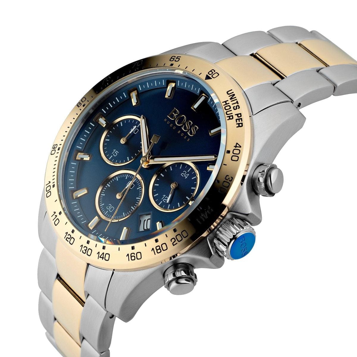 Hugo Boss Hero chronograph watch angled view showing blue dial, three subdials, and two-tone bracelet