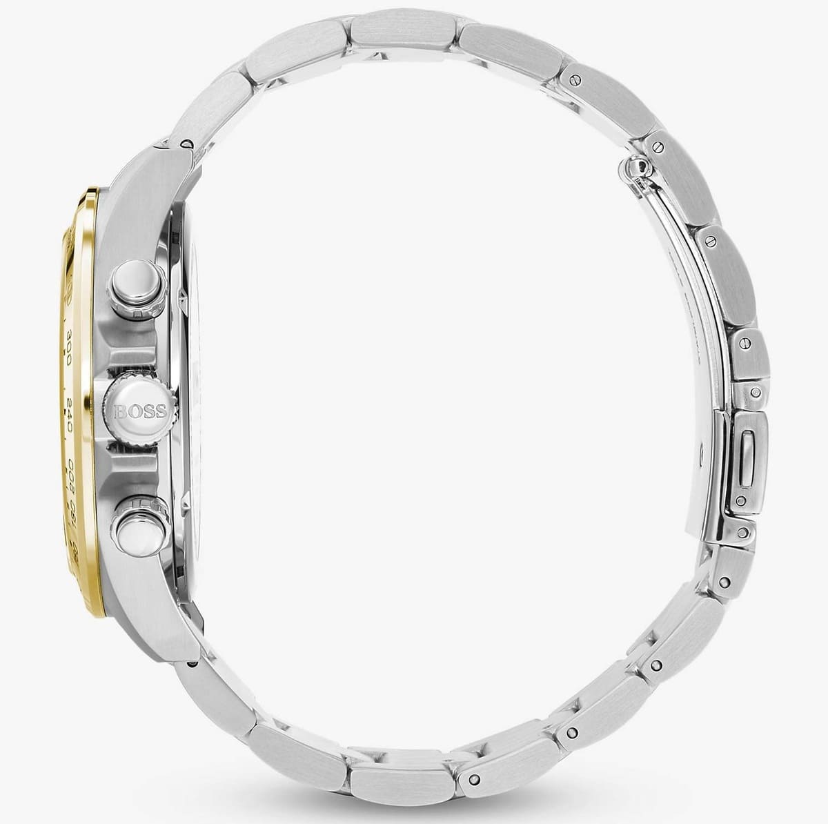 Hugo Boss Hero chronograph watch side view showing case thickness and gold-tone bezel with silver and gold bracelet