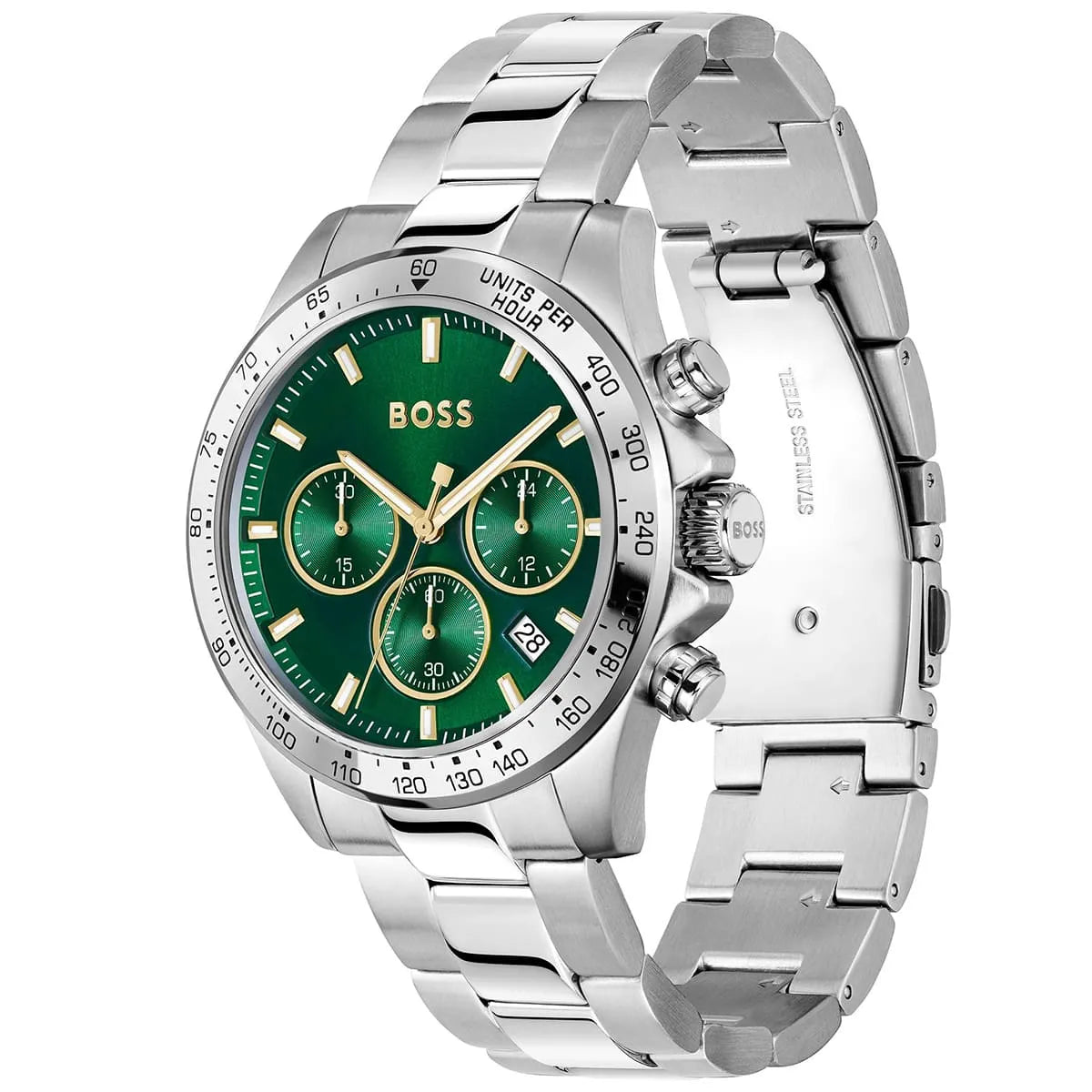 Hugo Boss Hero chronograph watch three-quarter view showing green dial and silver metal bracelet