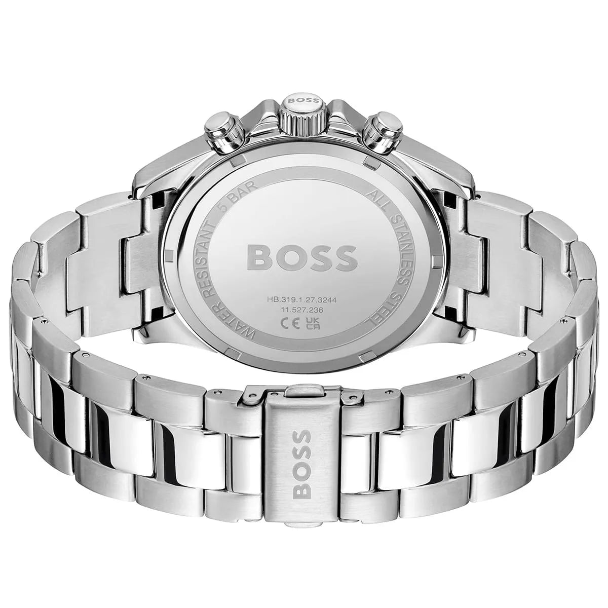 Hugo Boss Hero watch caseback showing stainless steel with brand logo and specifications