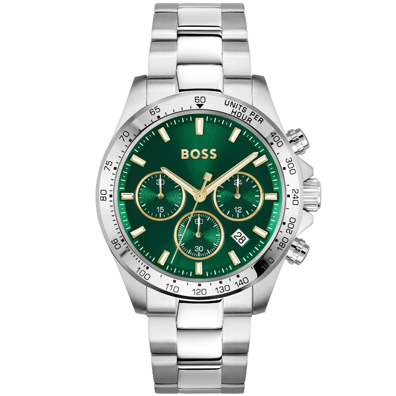Hugo Boss Hero chronograph watch with green dial, gold subdials, and silver steel strap
