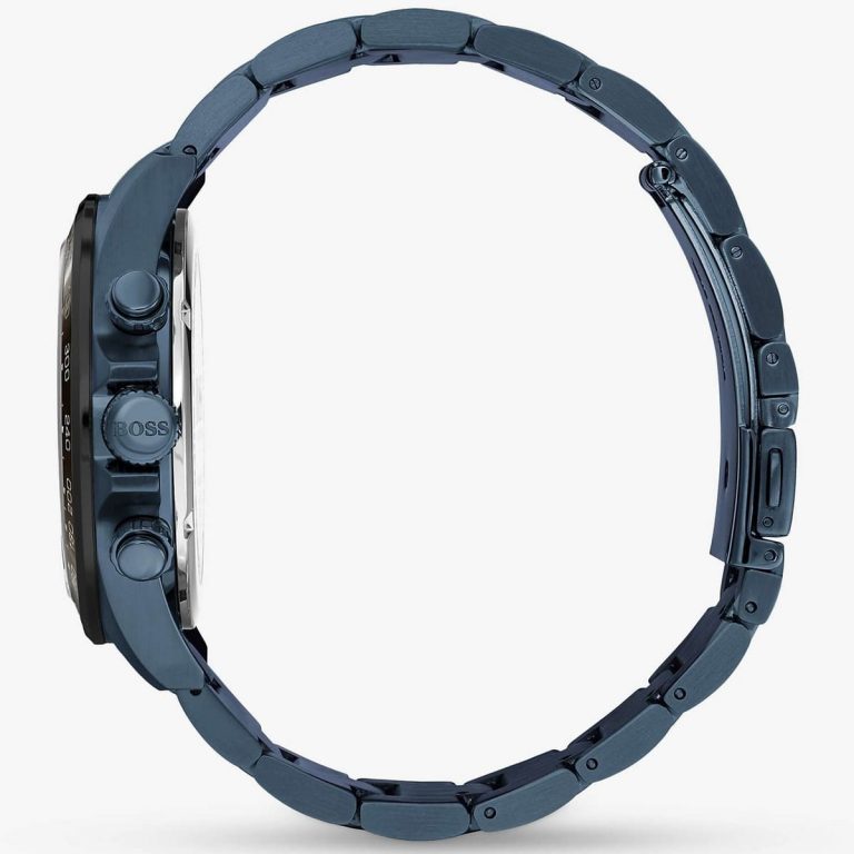 Hugo Boss Hero Sport watch shown from side profile with blue steel bracelet
