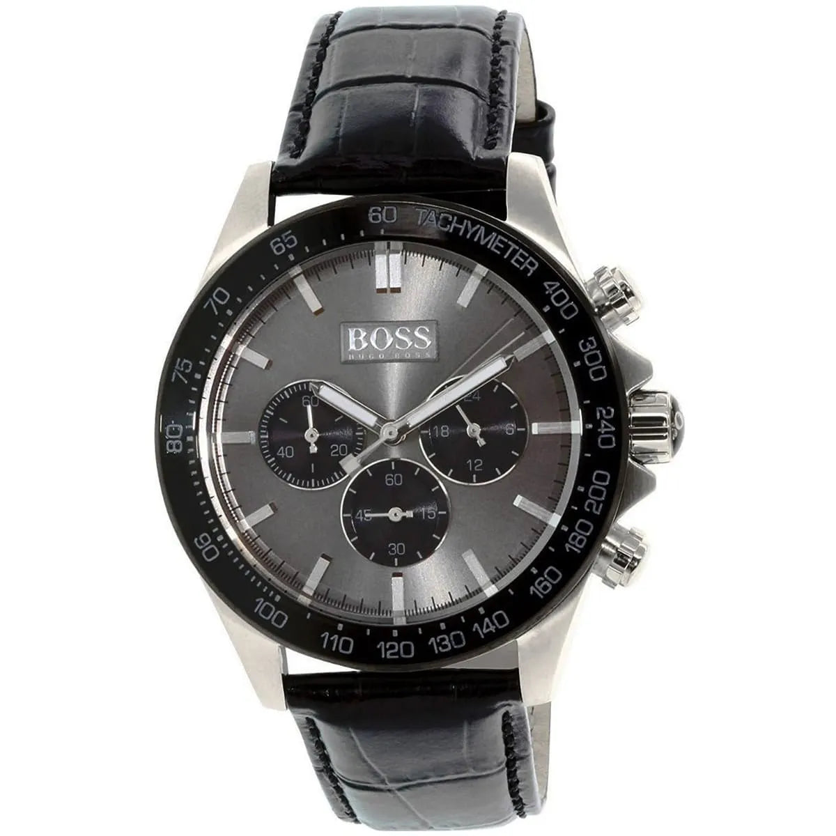 Hugo Boss Ikon men's watch three-quarter view showing black leather strap and chronograph dial