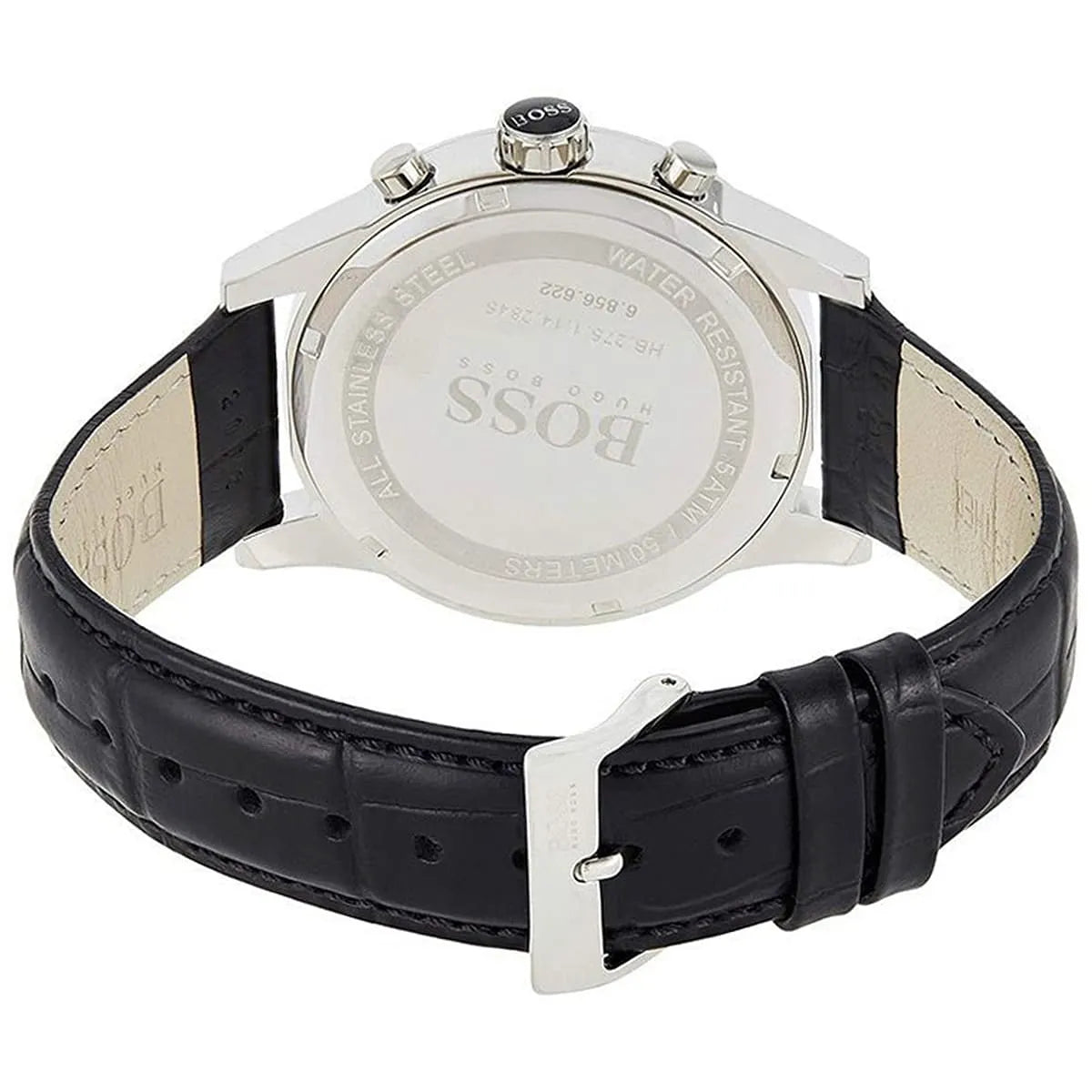 Hugo Boss Ikon caseback showing engraved BOSS logo and water resistance information