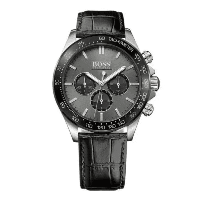 Hugo Boss Ikon chronograph watch with black dial, three subdials, and tachymeter bezel