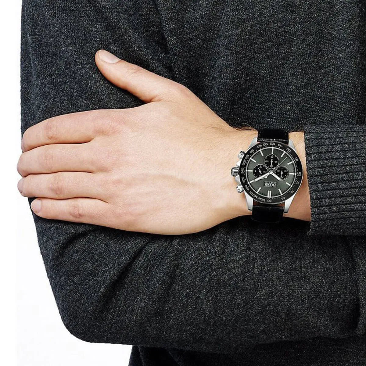 Hugo Boss Ikon chronograph watch worn on wrist with black dial and leather strap