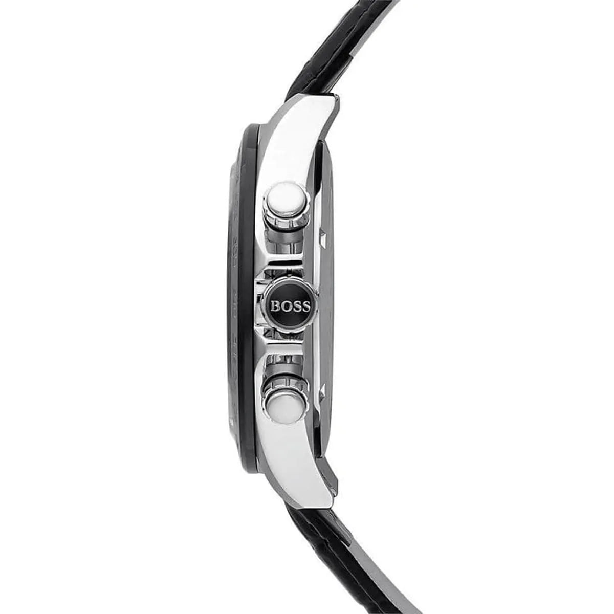 Hugo Boss Ikon chronograph watch side profile showing chronograph pushers and case profile