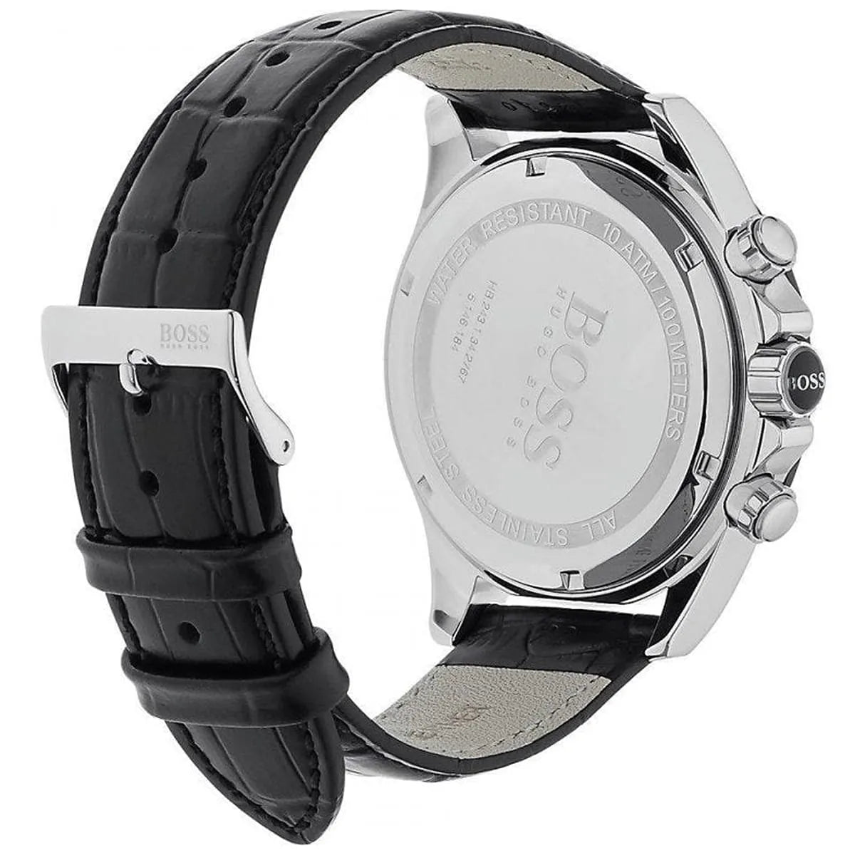 Hugo Boss Ikon watch side view displaying black crocodile-embossed leather strap and case thickness