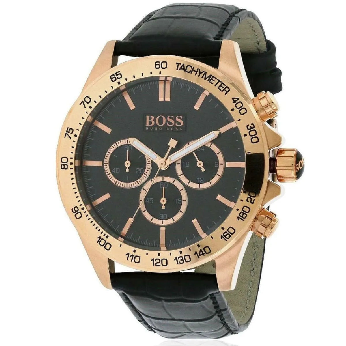 Hugo Boss Ikon chronograph with black leather strap, angled three-quarter view