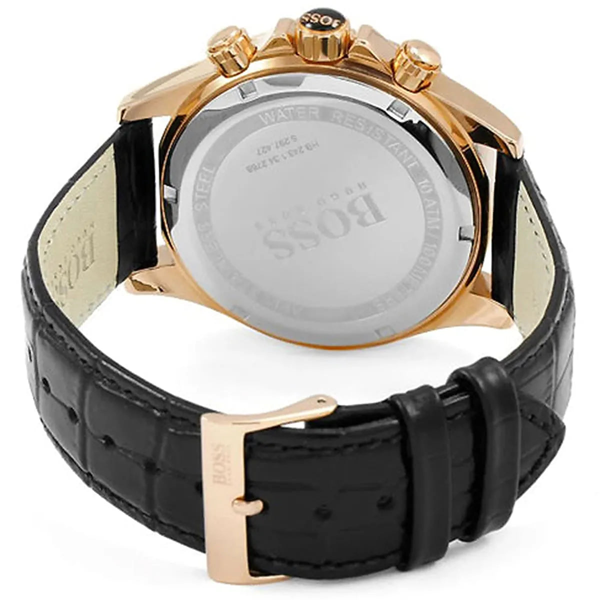 Hugo Boss Ikon watch caseback showing rose gold case back with BOSS branding