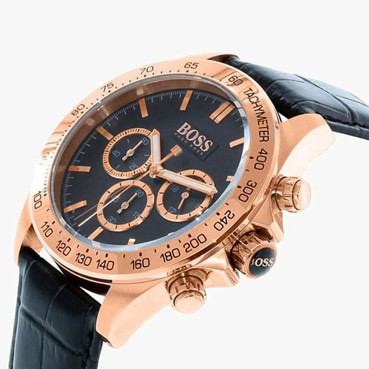 Close-up of Hugo Boss Ikon chronograph dial with three subdials and tachymeter bezel