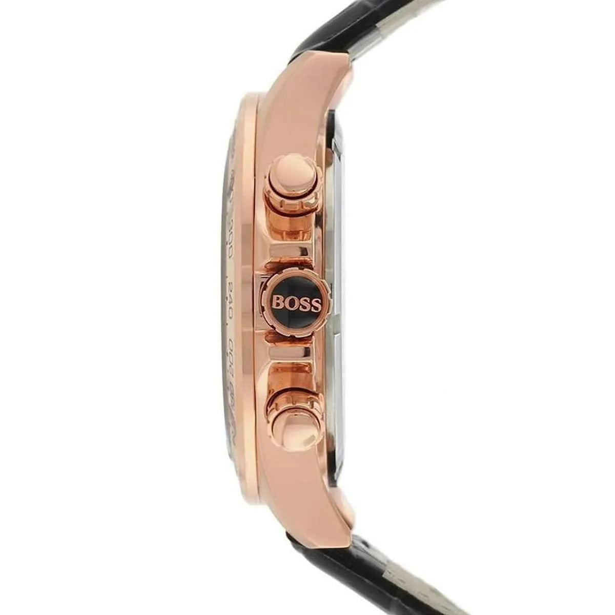 Side profile of Hugo Boss Ikon watch showing rose gold case, pushers, and black strap