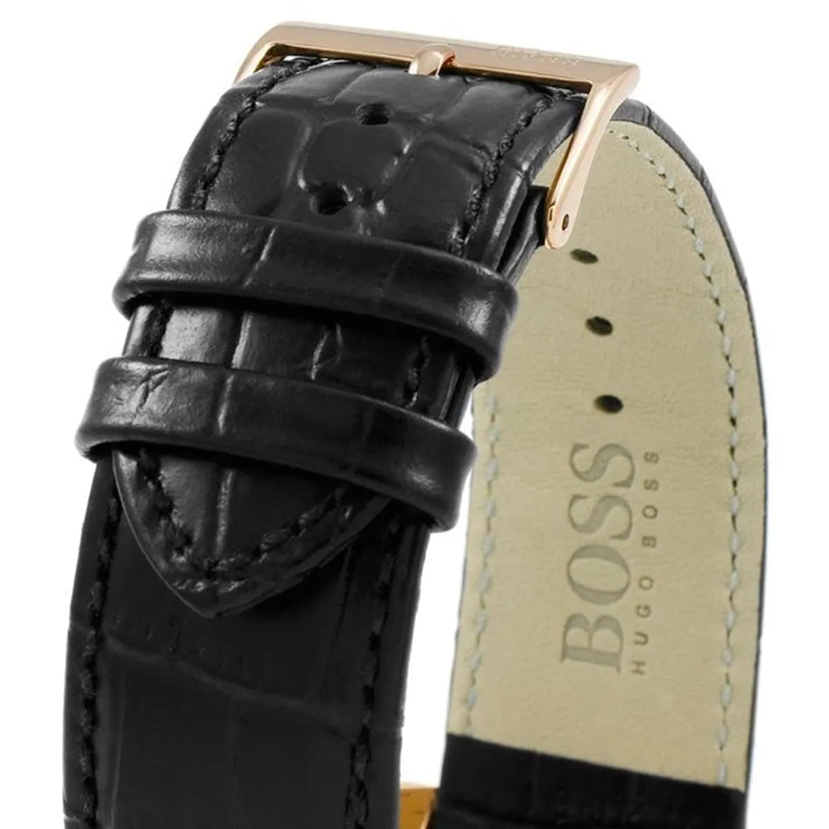 Close-up of Hugo Boss Ikon black crocodile leather strap with rose gold buckle