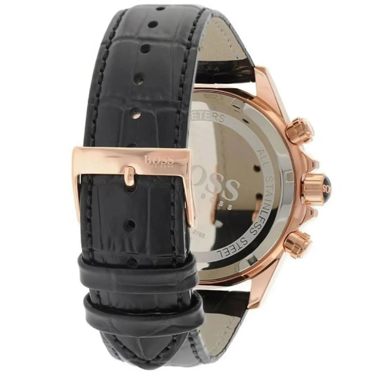 Hugo Boss Ikon watch with black leather strap showing buckle closure