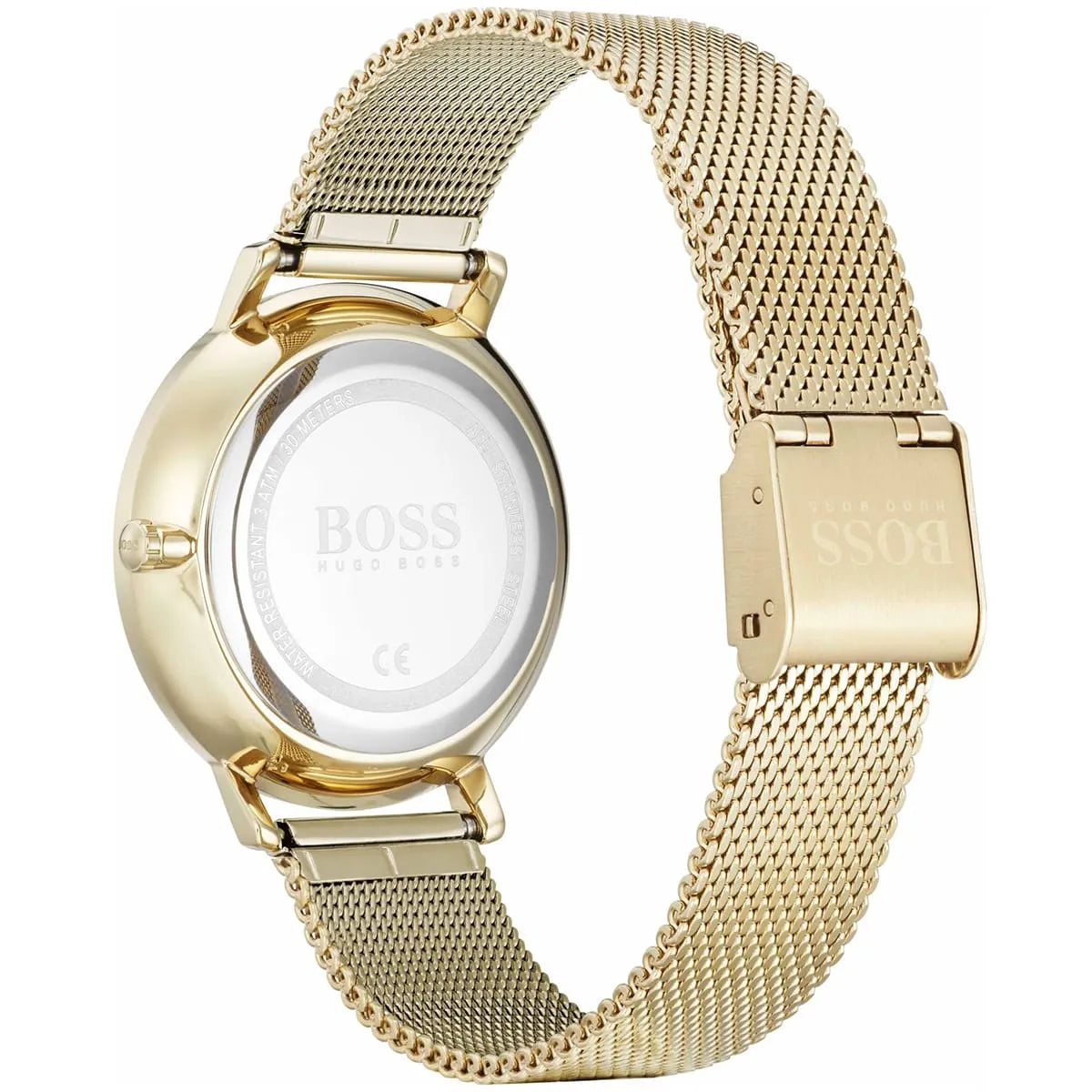 Hugo Boss Infinity watch caseback showing transparent case back and gold mesh strap