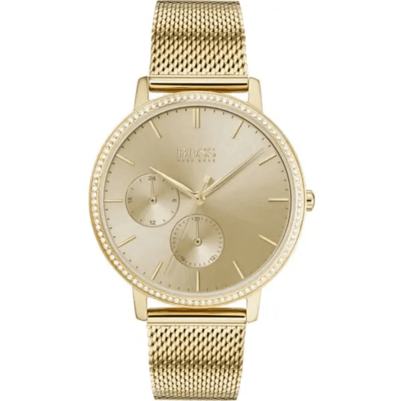 Hugo Boss Infinity gold dial women's watch with crystal bezel and gold mesh bracelet