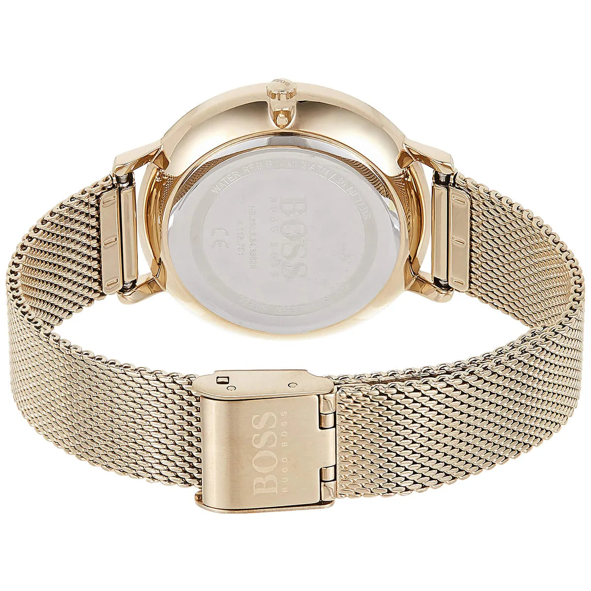 Hugo Boss Infinity watch top-down view revealing case back, mesh bracelet, and fold-over clasp