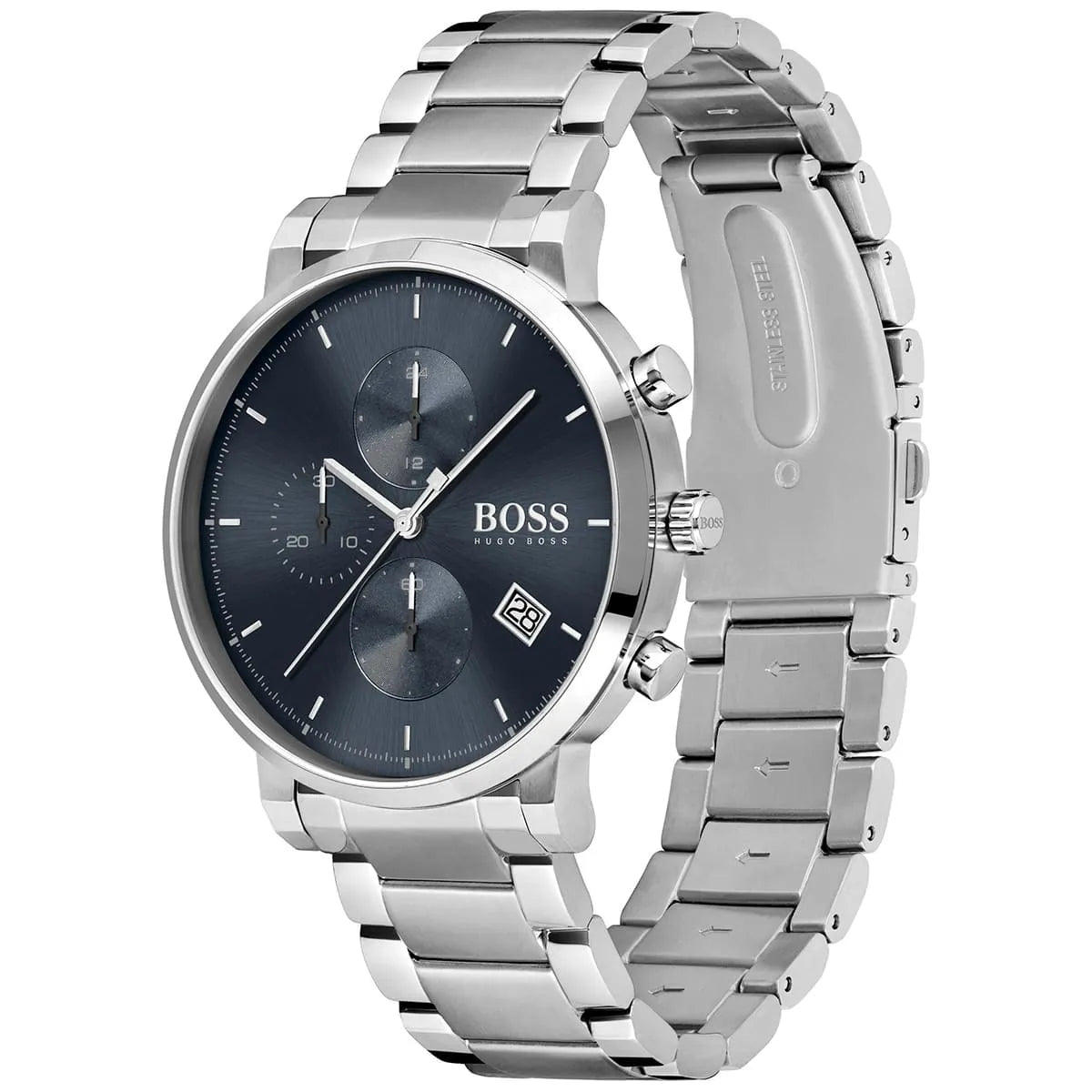 Hugo Boss Integrity chronograph watch displayed at angle showing blue dial and metal bracelet