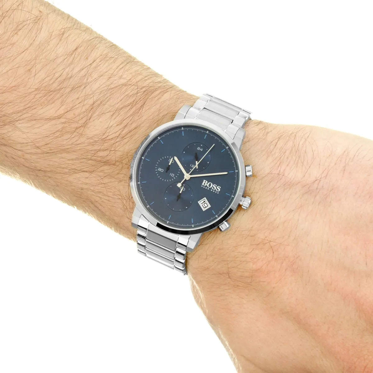 Hugo Boss Integrity chronograph watch worn on wrist showing blue dial and silver bracelet