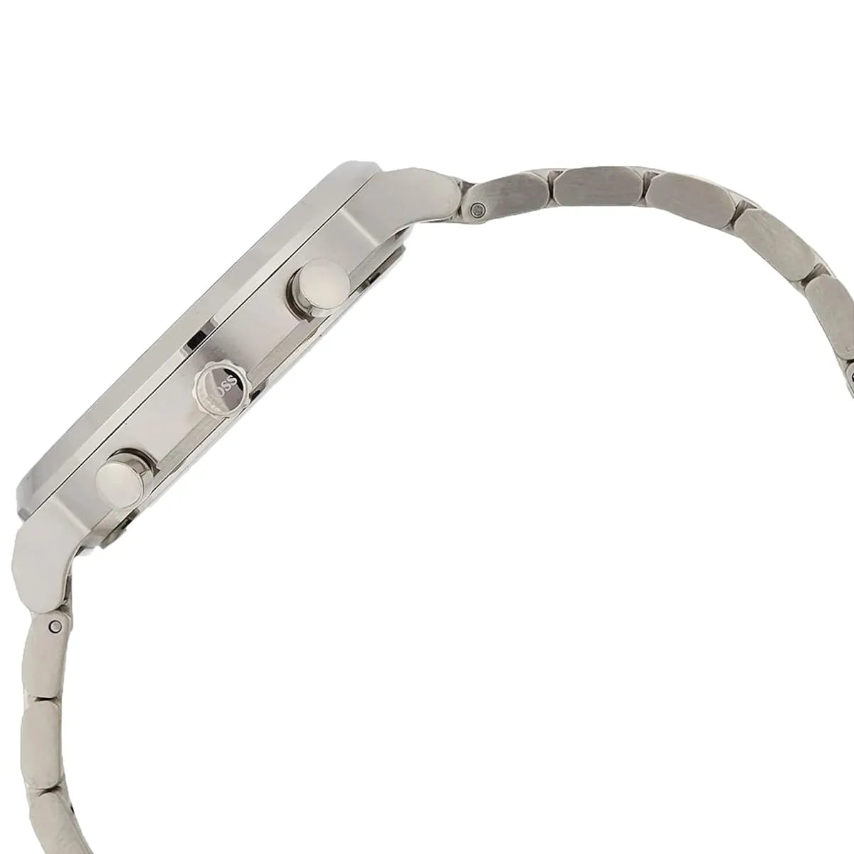 Side view of Hugo Boss Integrity watch showing chronograph pushers and brushed silver case