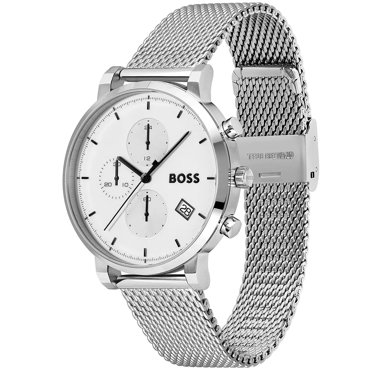 Hugo BOSS Integrity chronograph watch displayed at 45-degree angle with mesh strap