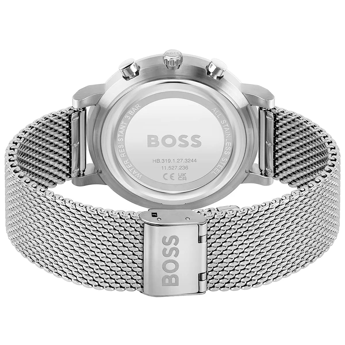 Hugo BOSS Integrity watch caseback showing model number and stainless steel mesh strap