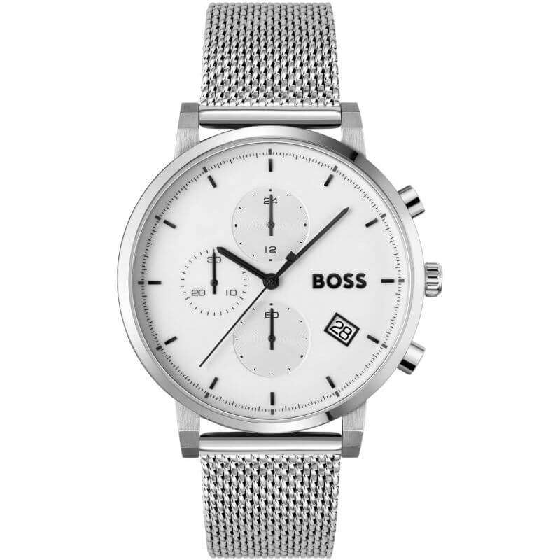 Hugo BOSS Integrity chronograph watch with white dial and silver mesh strap