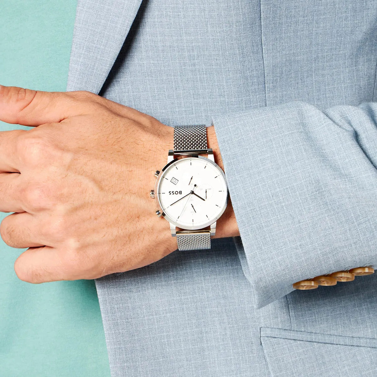 Hugo BOSS Integrity chronograph watch worn on wrist with business casual attire