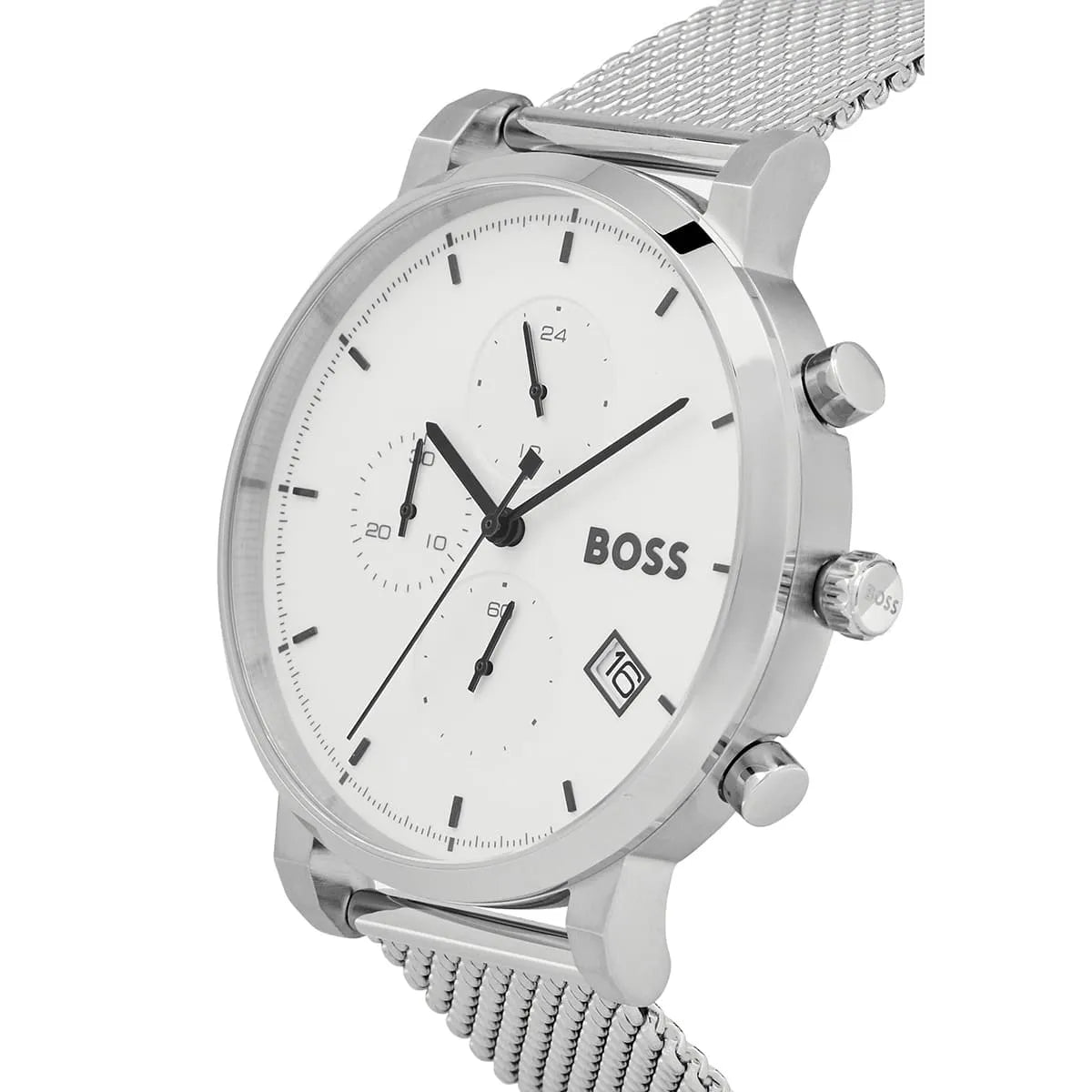 Hugo BOSS Integrity chronograph watch shown from side view with pushers visible