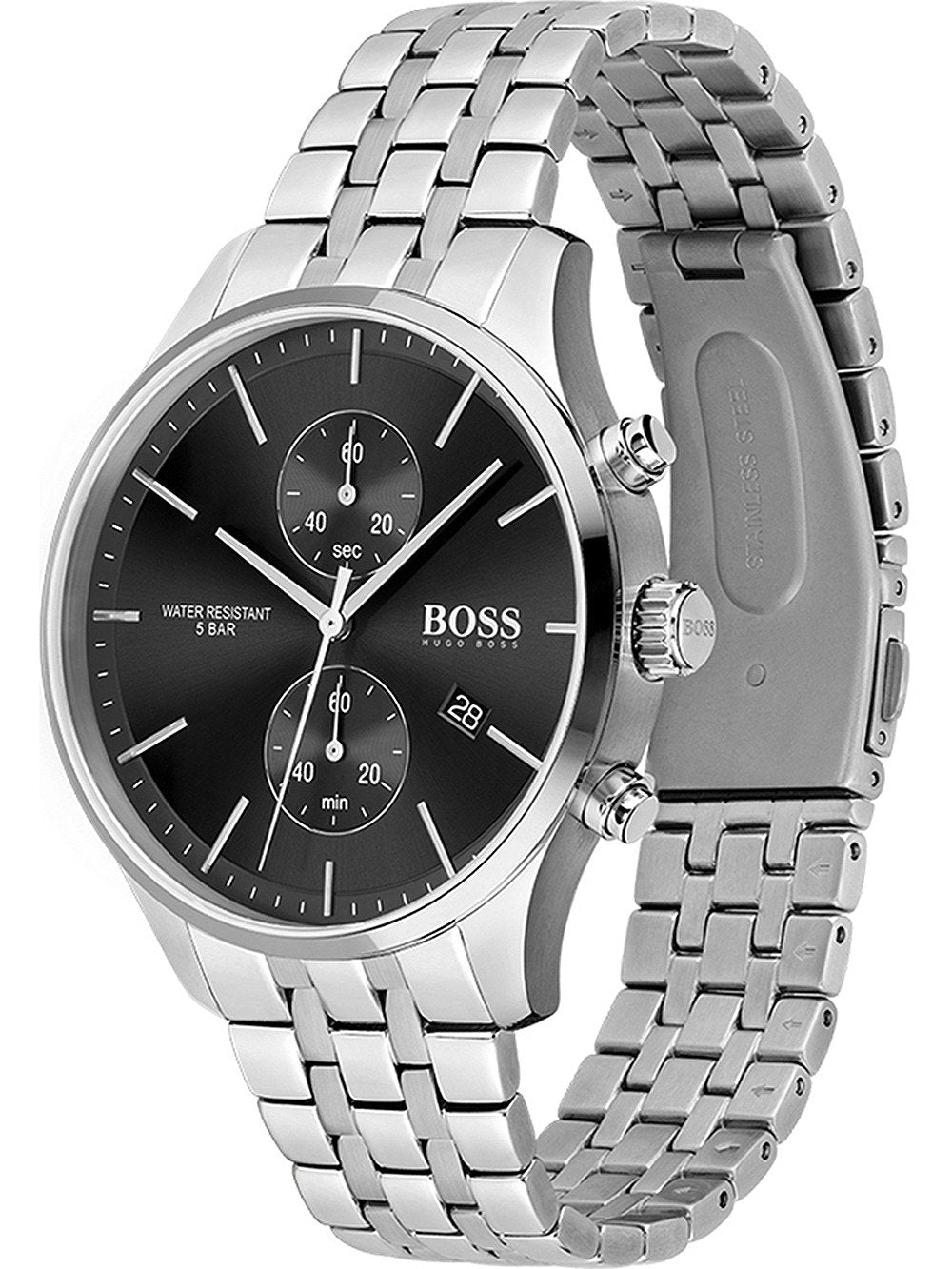 Side angle view of Hugo Boss Jet chronograph with black dial and stainless steel link bracelet