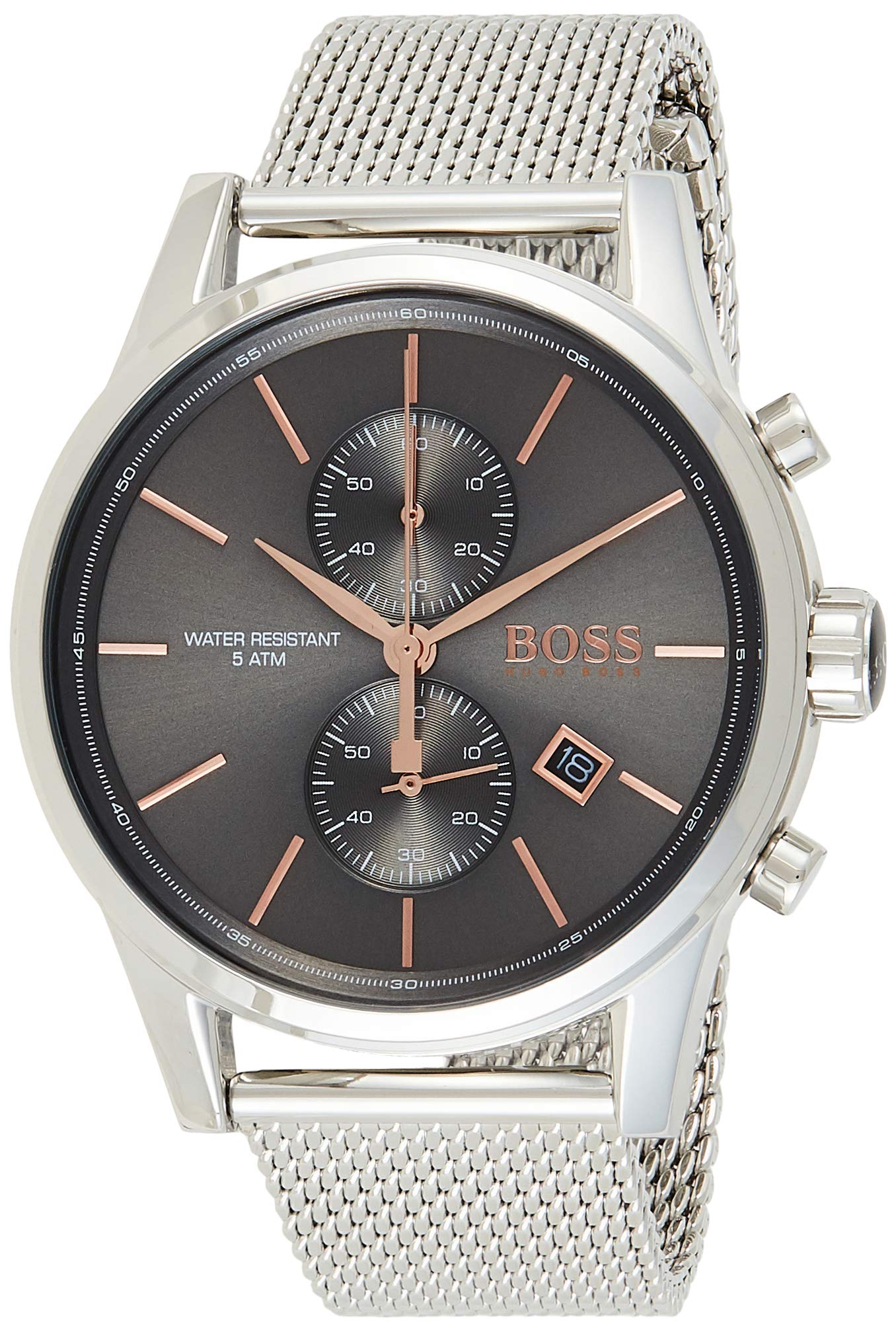 Hugo Boss Jet chronograph watch angled view showing grey dial with three subdials and silver mesh band