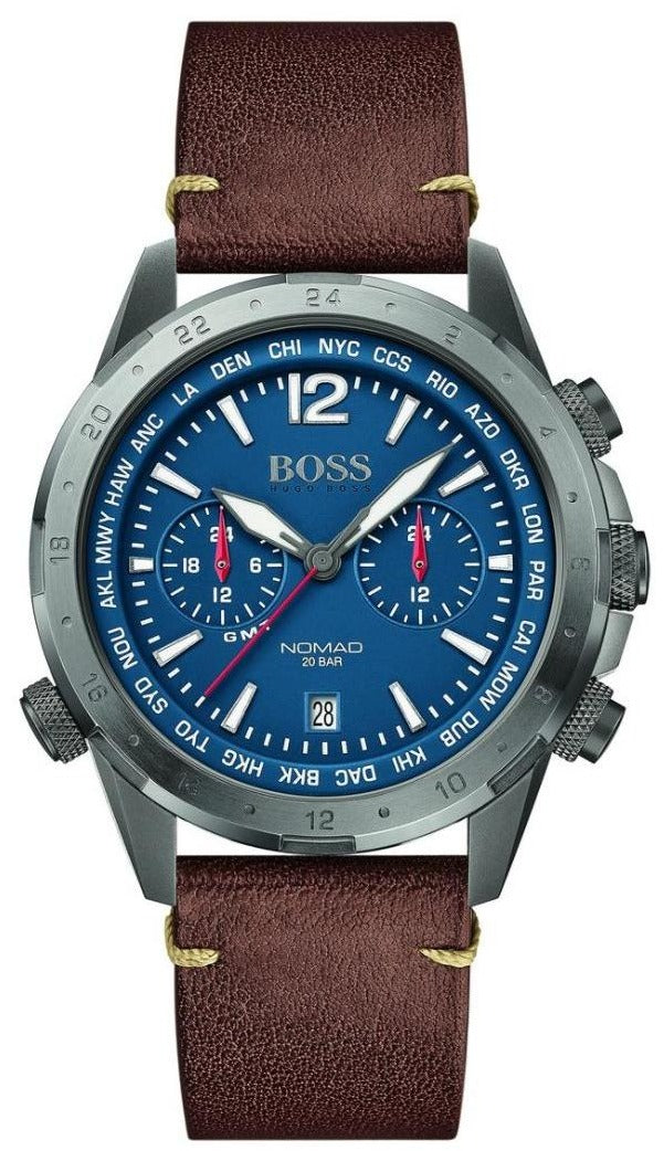 Hugo Boss Nomad Chronograph Blue Dial Brown Leather Strap Watch for Men - 1513773