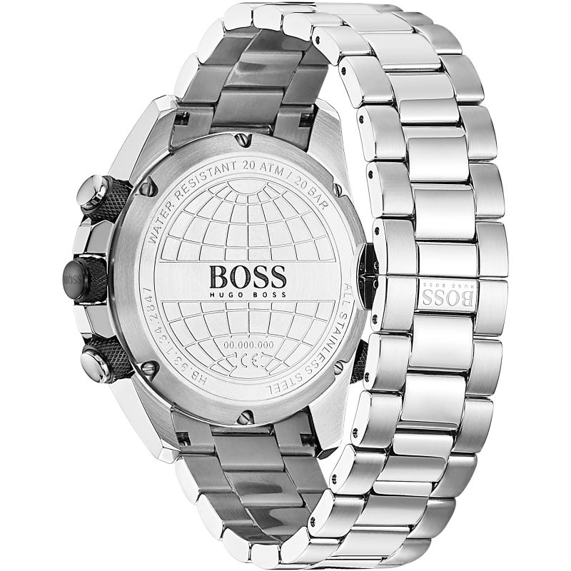 Hugo Boss Nomad chronograph caseback featuring globe pattern and water resistant marking