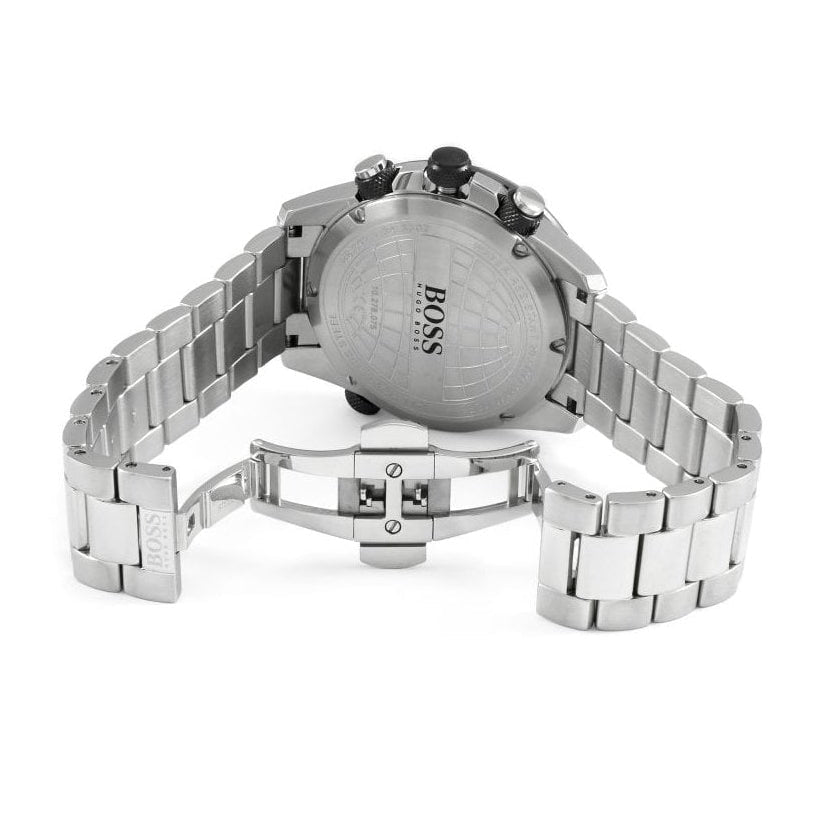 Hugo Boss Nomad watch caseback showing globe design and engravings with silver bracelet