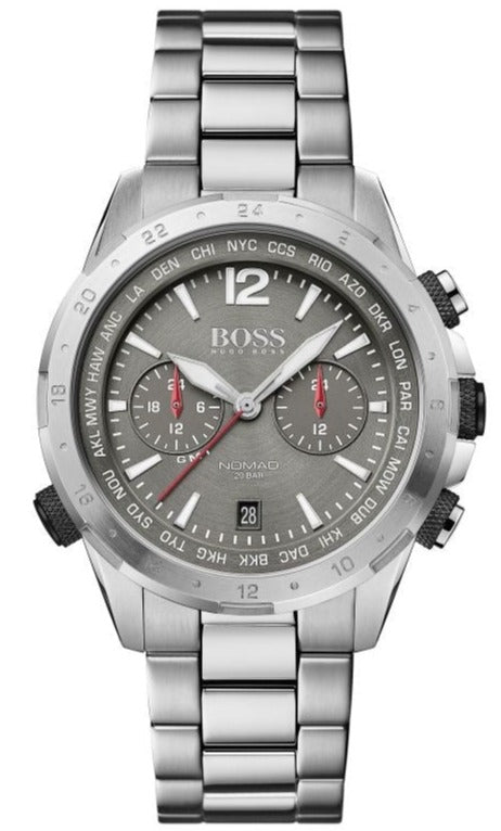 Hugo Boss Nomad chronograph watch with grey dial, silver steel case and bracelet