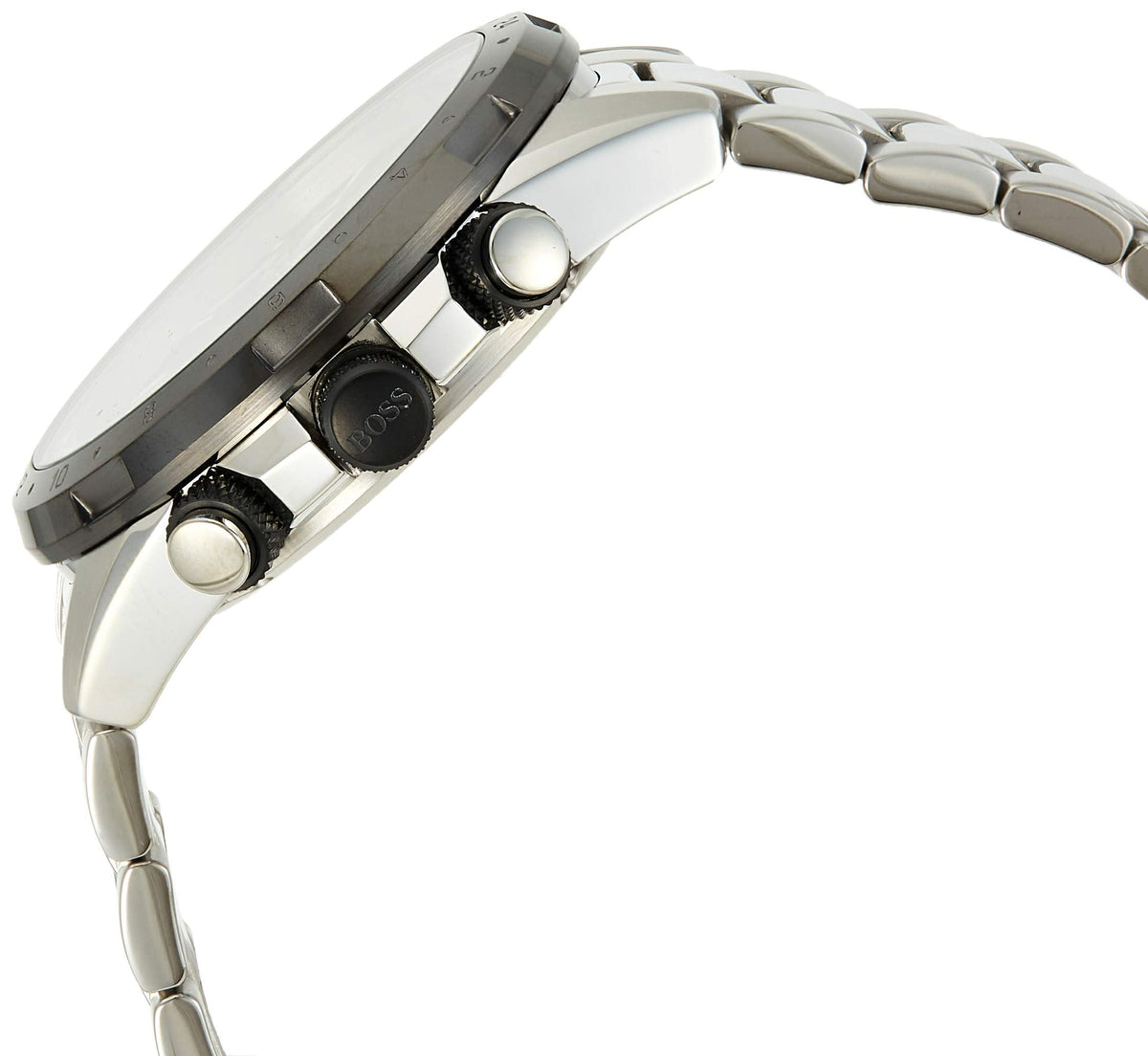 Side view of Hugo Boss Nomad chronograph watch showing case profile and pushers