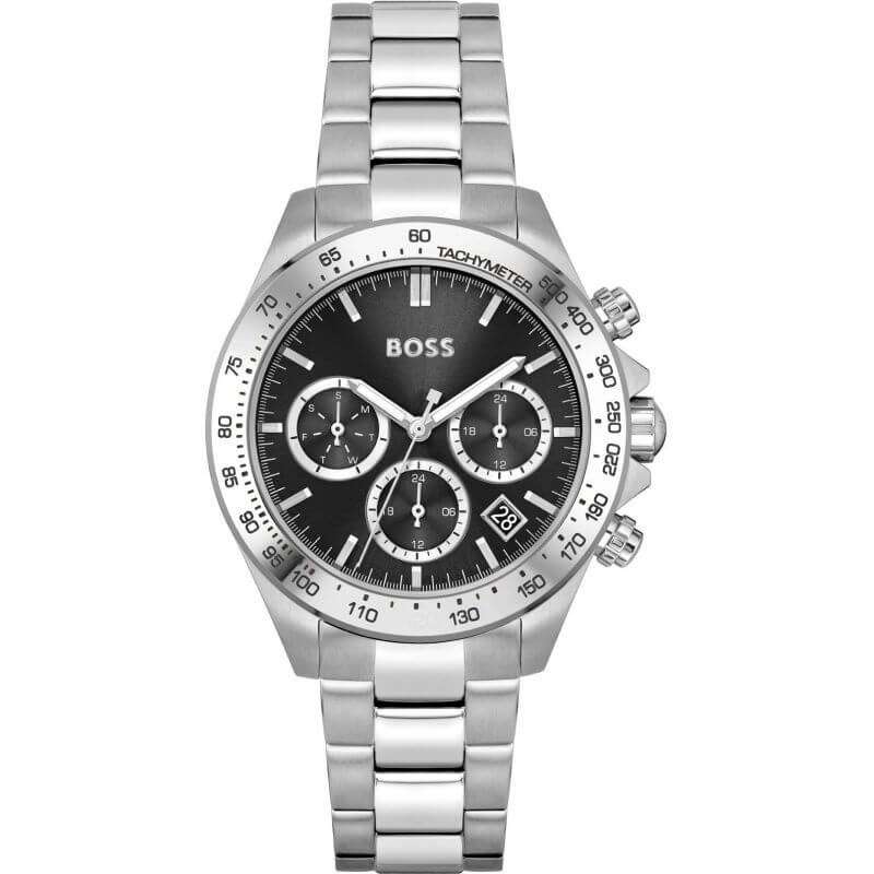 Hugo Boss Novia chronograph watch with black dial and silver steel strap