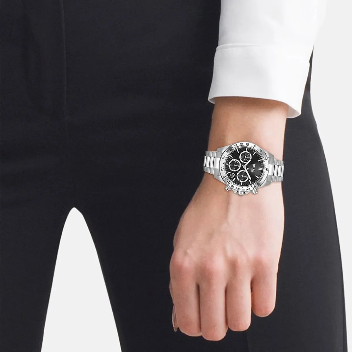Hugo Boss Novia chronograph on woman's wrist with black and white outfit