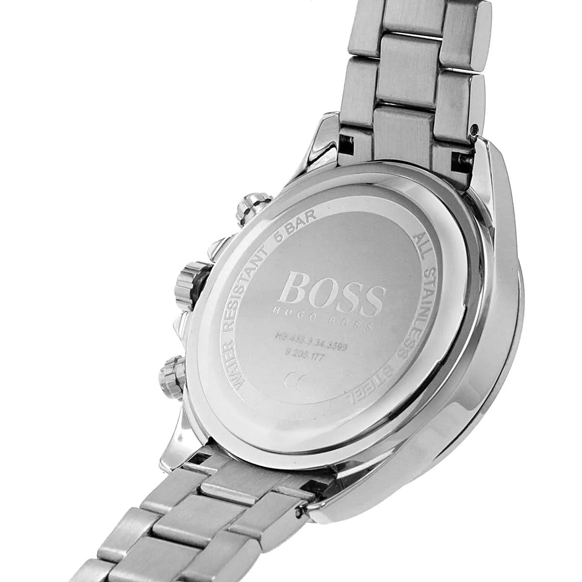 Side view of Hugo Boss Novia chronograph watch with steel bracelet