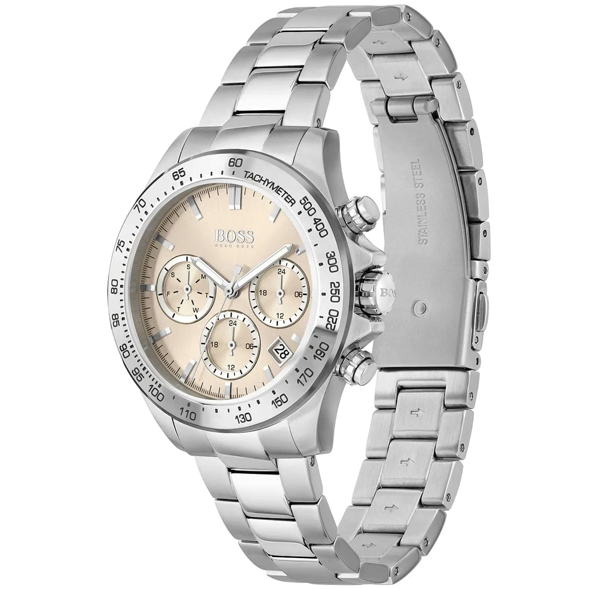 Hugo Boss Novia chronograph watch angled view showing pink dial and metal bracelet