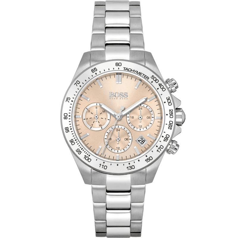 Hugo Boss Novia chronograph watch with pink dial and silver steel bracelet