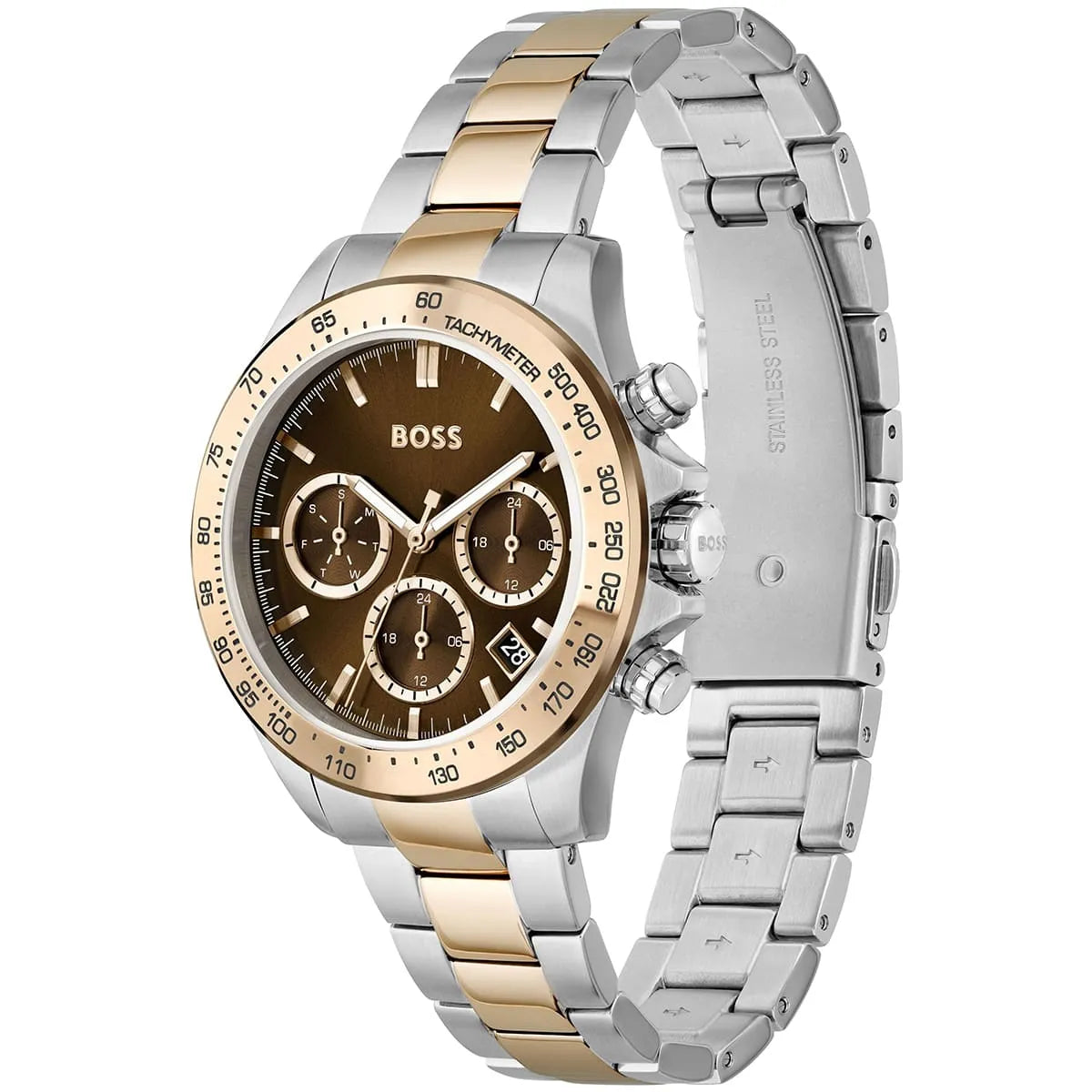 Hugo Boss Novia chronograph watch angled view showing brown dial and stainless steel rose gold bracelet