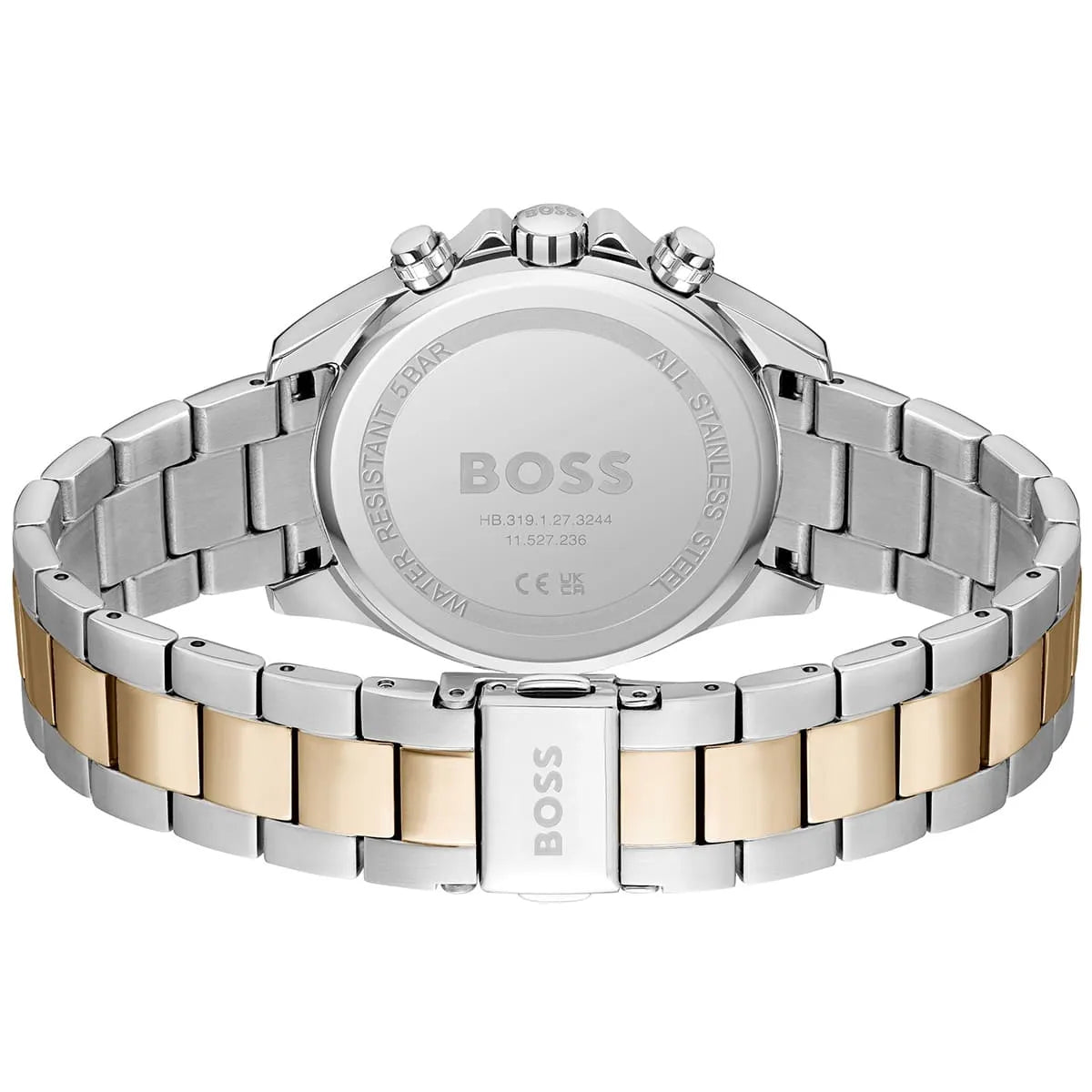 Back of Hugo Boss Novia women's watch showing stainless steel case back and two-tone bracelet