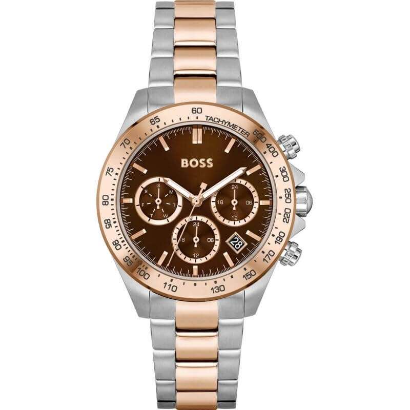 Hugo Boss Novia women's chronograph watch with brown dial and two-tone metal bracelet