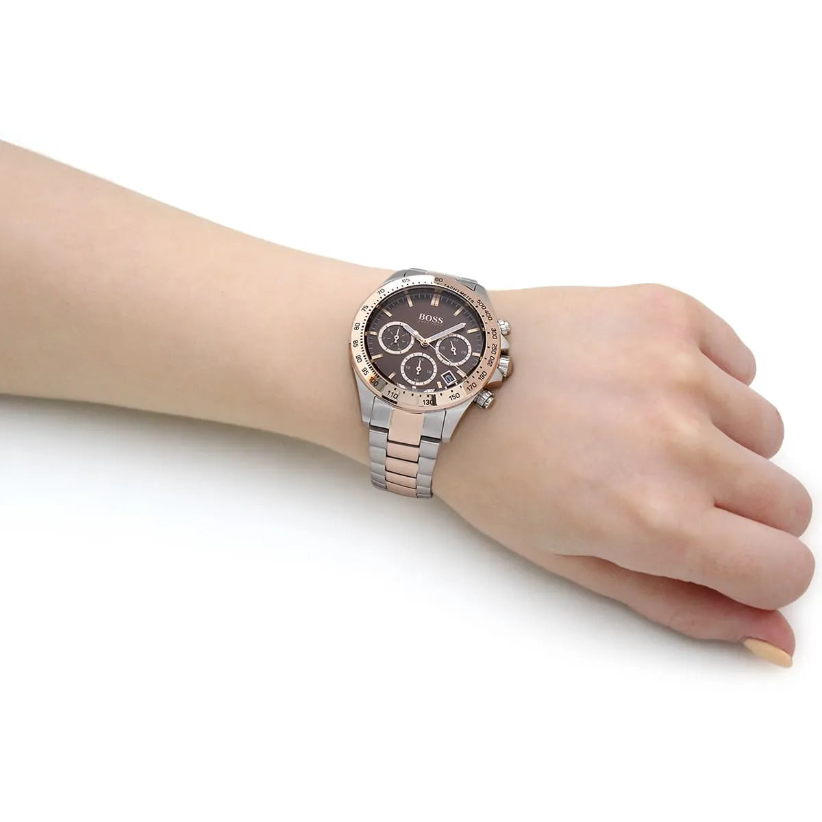 Hugo Boss Novia women's chronograph watch worn on wrist with brown dial and mixed metal band