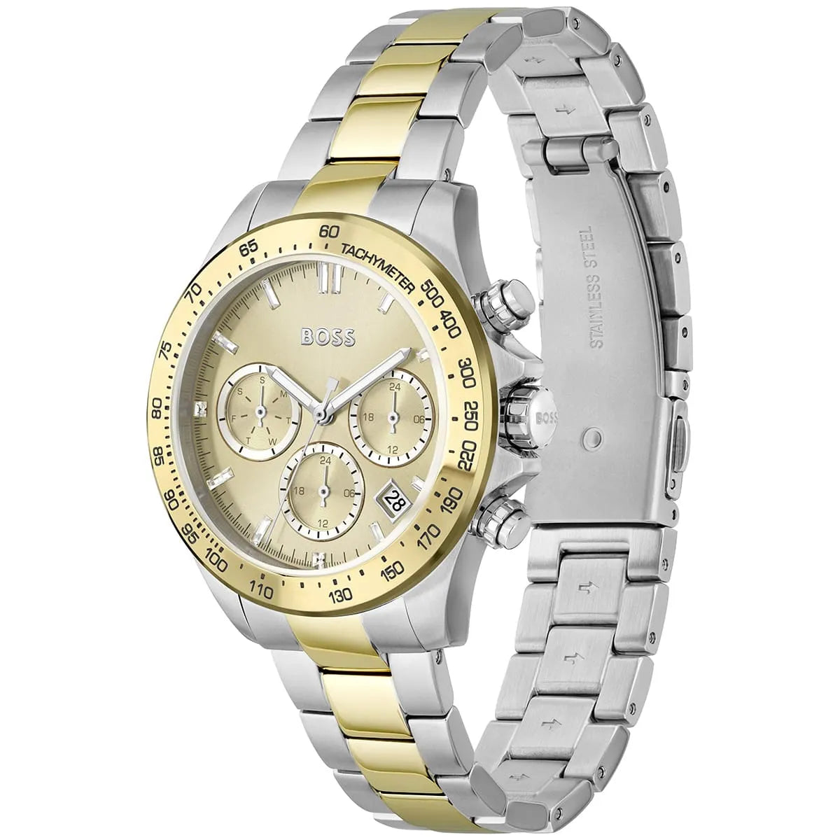 Hugo Boss Novia chronograph watch side view showing two-tone stainless steel and gold bracelet