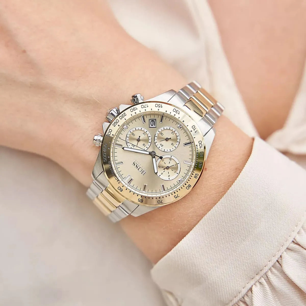 Hugo Boss Novia chronograph with champagne dial worn on wrist, side angle view