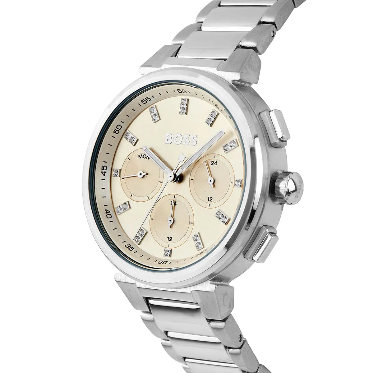 Hugo Boss One chronograph with champagne dial and diamond hour markers, angled view
