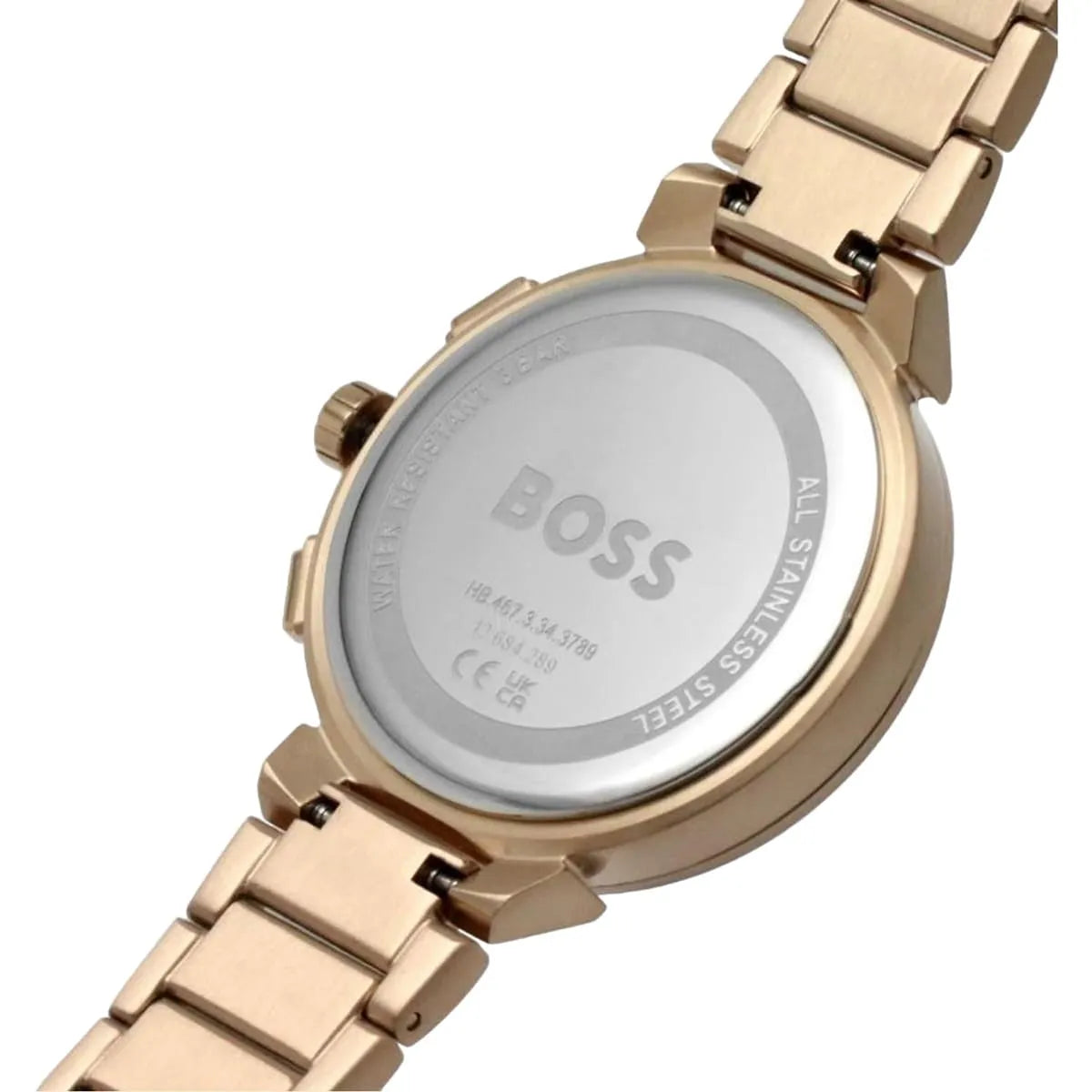 Close-up of Hugo Boss One rose gold caseback detail showing BOSS branding and specifications