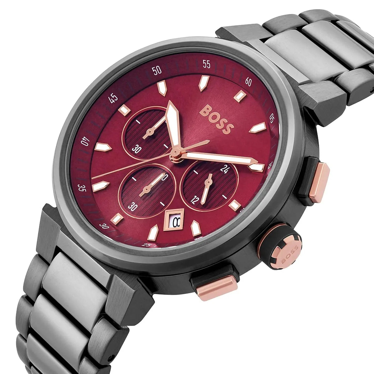 Hugo Boss ONE Chronograph Red Dial Grey Steel Strap Watch For Men - 1514000